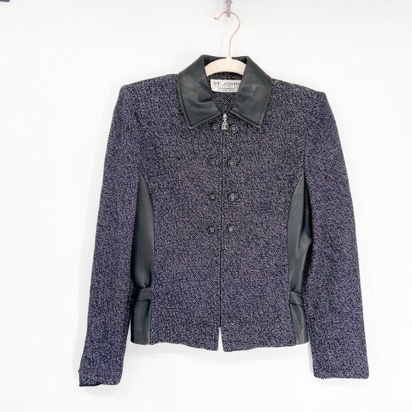 St. John Jackets & Blazers - St. John Collection Gray Black Tweed Zip Jacket Leather Panels Size S